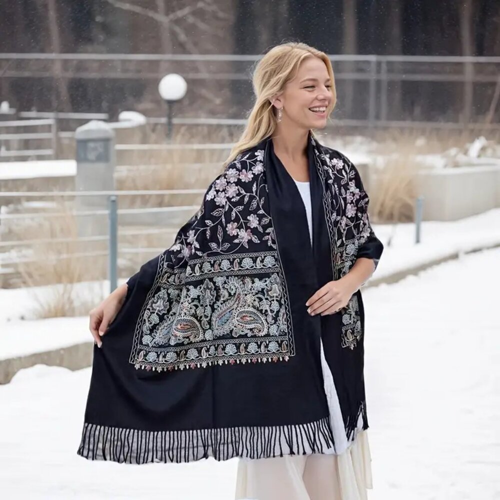 Share Embroidered Cashmere Black shawl wrap for women - Gift for her 🎄🎁